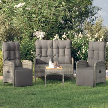 Set mobilier de grădină cu perne, 4 piese, gri, poliratan