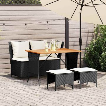 Set mobilier de grădină cu perne, 4 piese, negru, poliratan