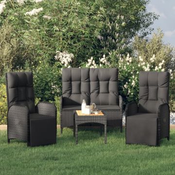 Set mobilier de grădină cu perne, 4 piese, negru, poliratan
