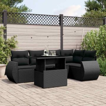 Set mobilier de grădină cu perne, 6 piese, negru, poliratan