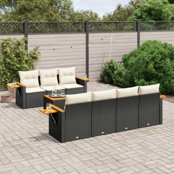 Set mobilier de grădină cu perne, 8 piese, negru, poliratan