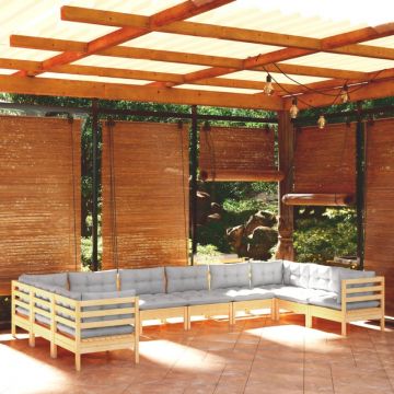 Set mobilier de grădină cu perne gri 10 piese lemn masiv de pin