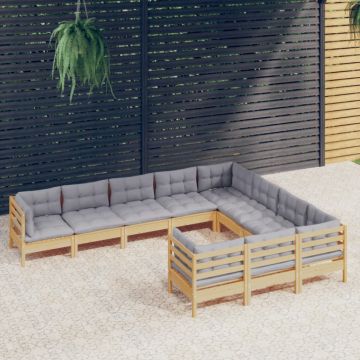 Set mobilier de grădină cu perne gri 10 piese lemn masiv de pin
