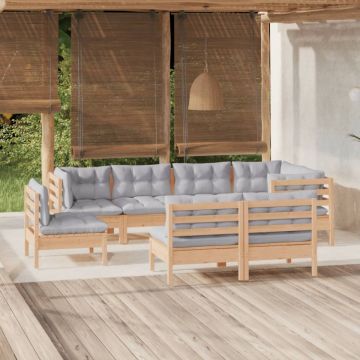 Set mobilier de grădină cu perne gri, 8 piese, lemn masiv pin