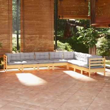 Set mobilier de grădină cu perne gri, 8 piese, lemn masiv pin