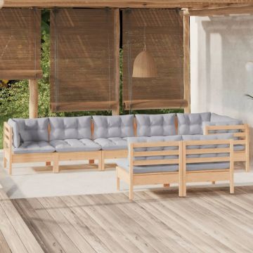 Set mobilier de grădină cu perne gri, 8 piese, lemn masiv pin