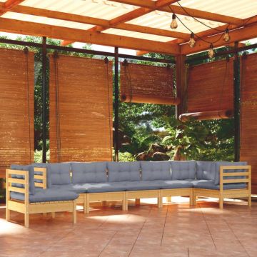 Set mobilier de grădină cu perne gri, 8 piese, lemn masiv pin