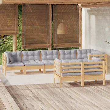 Set mobilier de grădină cu perne gri, 8 piese, lemn masiv pin