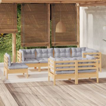 Set mobilier de grădină cu perne gri, 8 piese, lemn masiv pin