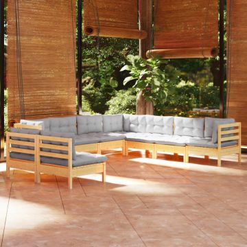 Set mobilier de grădină cu perne gri, 9 piese, lemn masiv pin