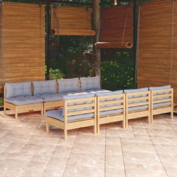 Set mobilier de grădină cu perne gri, 9 piese, lemn masiv pin