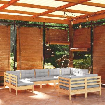 Set mobilier de grădină cu perne gri, 9 piese, lemn masiv pin