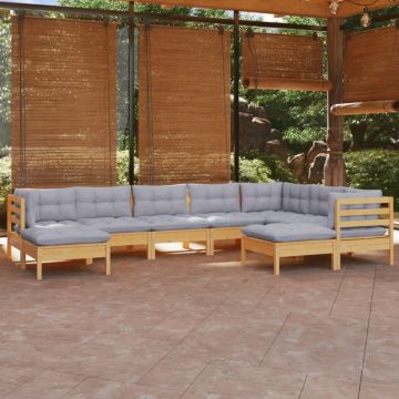 Set mobilier de grădină cu perne gri, 9 piese, lemn masiv pin