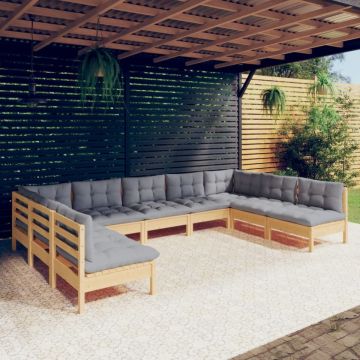 Set mobilier de grădină cu perne gri, 9 piese, lemn masiv pin