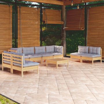 Set mobilier de grădină cu perne gri, 9 piese, lemn masiv pin