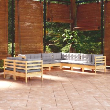 Set mobilier de grădină cu perne gri, 9 piese, lemn masiv pin