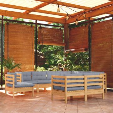 Set mobilier de grădină cu perne gri, 9 piese, lemn masiv pin