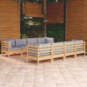Set mobilier de grădină cu perne gri, 9 piese, lemn masiv pin