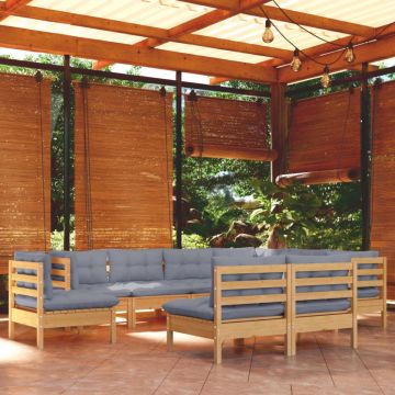 Set mobilier de grădină cu perne gri, 9 piese, lemn masiv pin