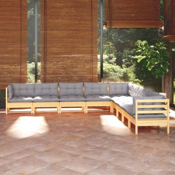 Set mobilier de grădină cu perne gri, 9 piese, lemn masiv pin