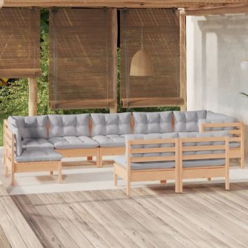 Set mobilier de grădină cu perne gri, 9 piese, lemn masiv pin