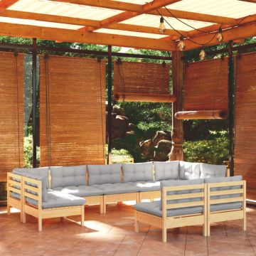 Set mobilier de grădină cu perne gri, 9 piese, lemn masiv pin
