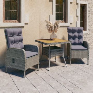 Set mobilier grădină, 3 piese, gri, poliratan și lemn acacia