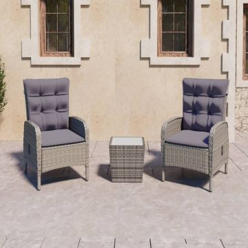Set mobilier grădină, 3 piese, gri, poliratan și sticlă