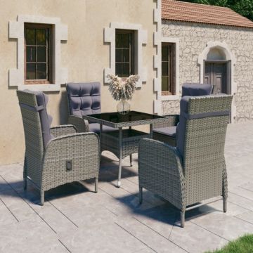 Set mobilier grădină, 5 piese, gri, poliratan și sticlă