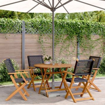 Set mobilier grădină, 5 piese, negru, poliratan și lemn masiv