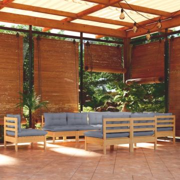 Set mobilier grădină cu perne, 10 piese, gri, lemn masiv pin