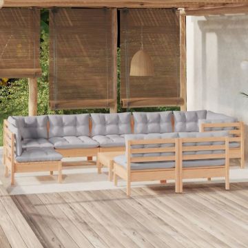 Set mobilier grădină cu perne, 10 piese, gri, lemn masiv pin