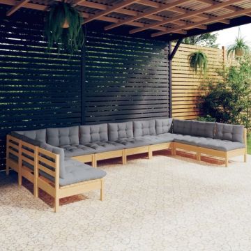 Set mobilier grădină cu perne, 10 piese, gri, lemn masiv pin