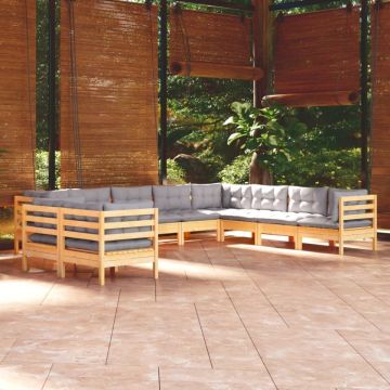 Set mobilier grădină cu perne, 10 piese, gri, lemn masiv pin