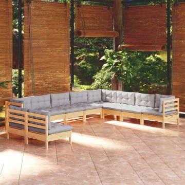 Set mobilier grădină cu perne, 10 piese, gri, lemn masiv pin