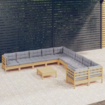 Set mobilier grădină cu perne, 11 piese, gri, lemn de pin