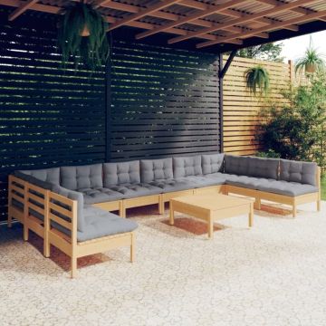 Set mobilier grădină cu perne, 11 piese, gri, lemn masiv pin