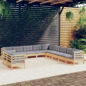 Set mobilier grădină cu perne, 11 piese, gri, lemn masiv pin