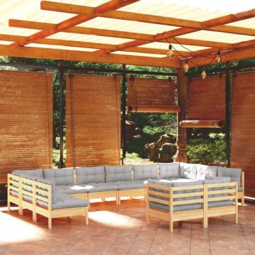 Set mobilier grădină cu perne, 12 piese, gri, lemn masiv pin
