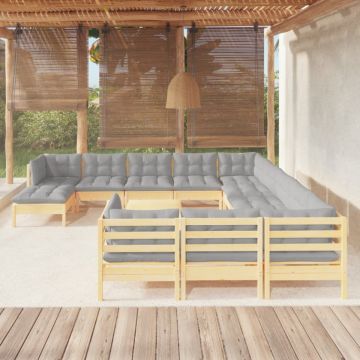 Set mobilier grădină cu perne, 13 piese, gri, lemn de pin