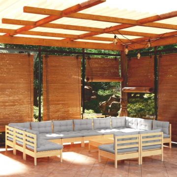 Set mobilier grădină cu perne, 13 piese, gri, lemn masiv pin