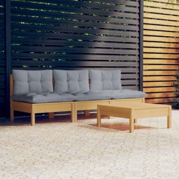 Set mobilier grădină cu perne, 4 piese, gri, lemn de pin