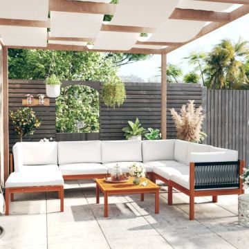 Set mobilier grădină cu perne, 8 piese, crem, lemn masiv acacia