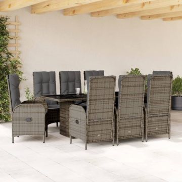 Set mobilier grădină cu perne, 9 piese, gri, poliratan