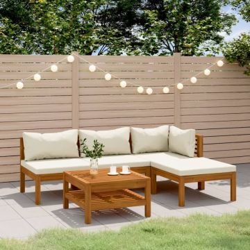 Set mobilier grădină cu perne crem, 5 piese, lemn masiv acacia