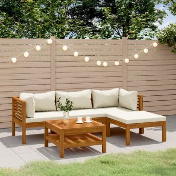 Set mobilier grădină cu perne crem, 5 piese, lemn masiv acacia