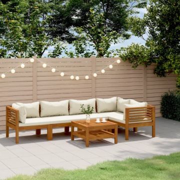 Set mobilier grădină cu perne crem, 6 piese, lemn masiv acacia