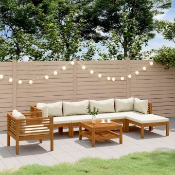 Set mobilier grădină cu perne crem, 7 piese, lemn masiv acacia