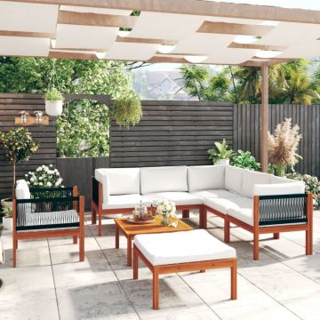 Set mobilier grădină cu perne, crem, 8 piese, lemn masiv acacia