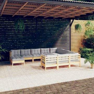 Set mobilier grădină cu perne gri, 11 piese, lemn de pin